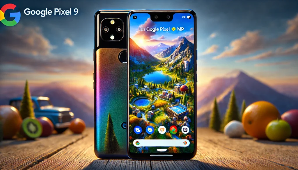 Google Pixel 9 전면, 50MP 메인 센서, 풍경 배경.