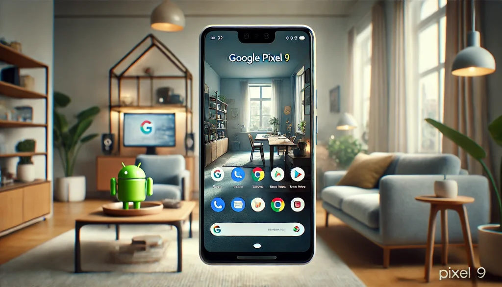 Google Pixel 9, Android 14 소프트웨어, 현대적 거실 배경.