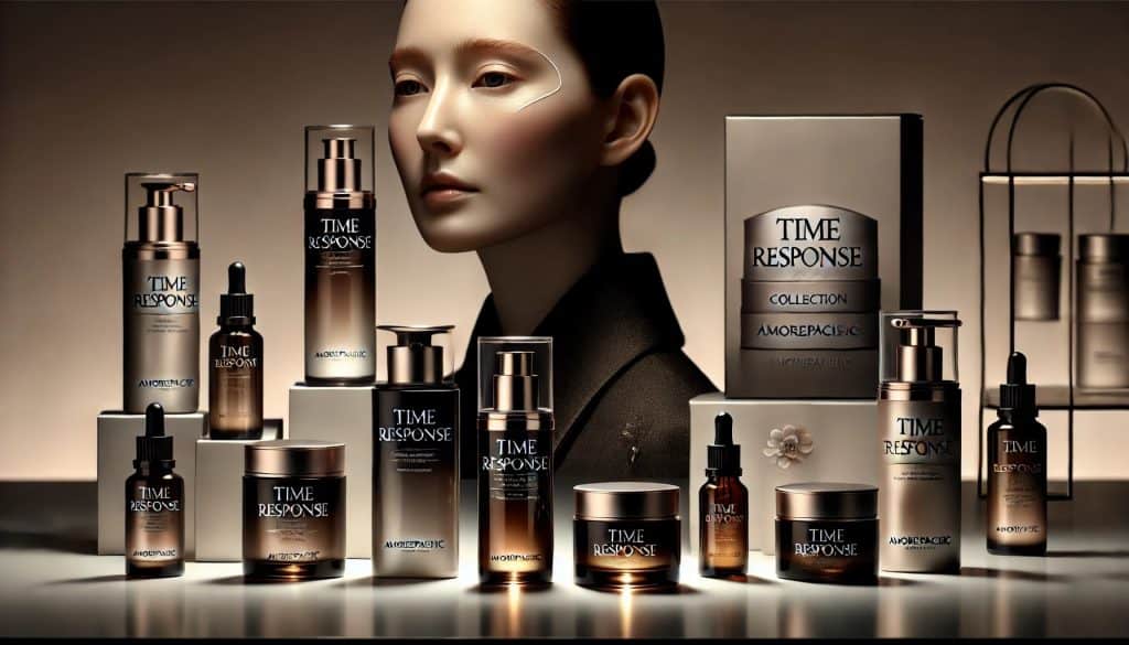 A luxurious display of Amorepacific's Time Response Collection, featuring elegant bottles and jars on a minimalist surface. Soft lighting highlights the sophisticated packaging and the glowing, flawless skin of a model in the background, showcasing the collection's premium quality and effectiveness.