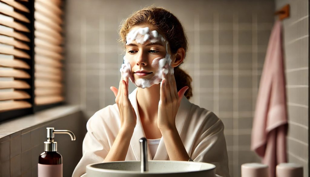 A person in a well-lit bathroom gently massaging foam cleanser into their face, focusing on their cheeks and forehead. The background is a clean bathroom setting with a sink and neutral-colored tiles. The person has a calm expression and their hair is tied back, emphasizing a serene skincare routine.