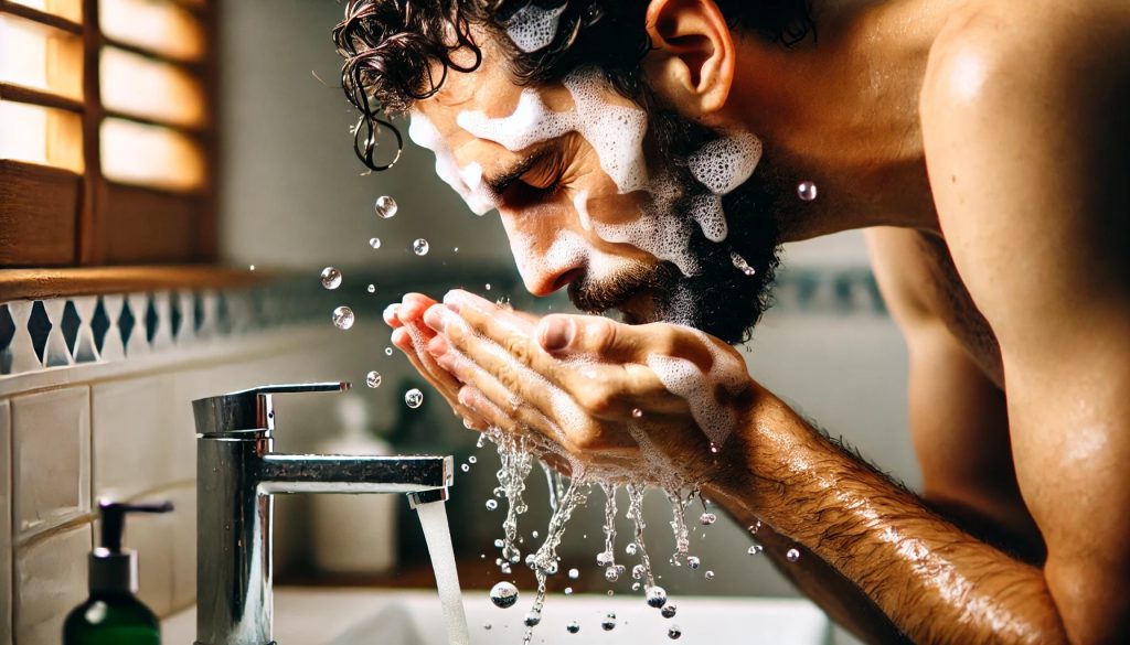 A person rinsing off foam cleanser from their face with water in a bathroom, hands wet and water splashing onto their face, with visible water droplets and foam on their skin, looking refreshed and focused on their skincare routine.