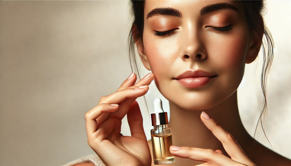 A woman with closed eyes and a serene expression applying oil essence to her face with her fingertips. The background is minimalist with gentle, neutral tones. The oil essence bottle is small and made of glass.