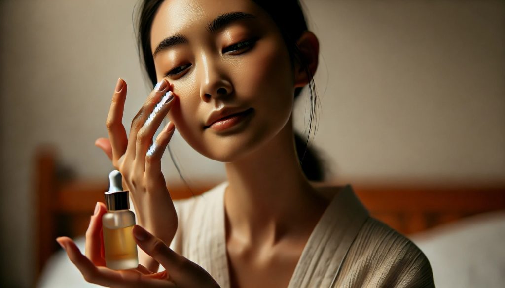 A woman patting oil essence into her skin with her fingertips, focusing on her skincare routine. The background is simple and neutral, emphasizing the serene and intimate atmosphere.