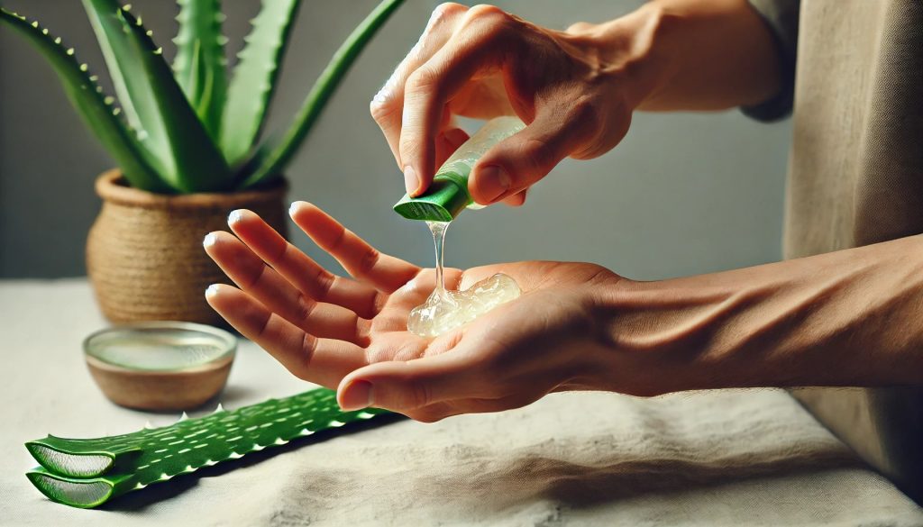 A person squeezing aloe vera gel from a leaf onto their open palm, with a simple and neutral background that highlights the natural texture and transparency of the gel.