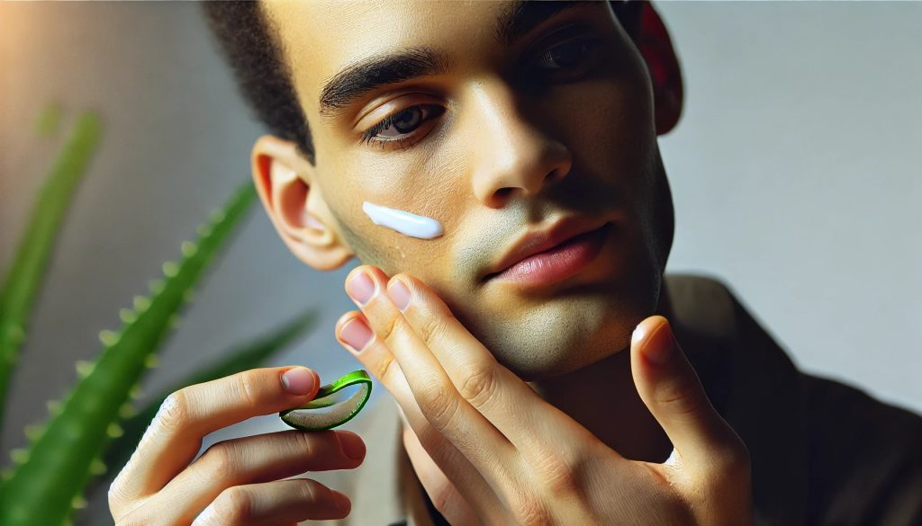 A person applying aloe vera gel evenly on their face with their fingers, focusing on their skincare routine. The background is simple and neutral, highlighting the calm and soothing atmosphere.