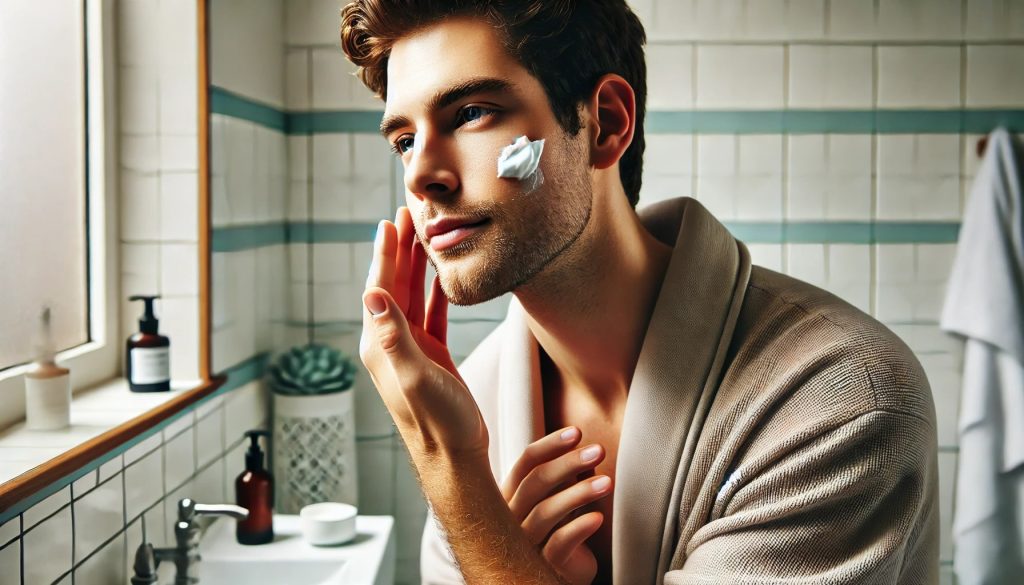 A person in a clean, well-lit bathroom is massaging cosmetic cream into their face using upward motions. One hand is on their cheek, gently applying the cream, while the other hand is poised to continue the motion. The person has a relaxed, focused expression, is wearing a robe, and there are a few skincare products neatly arranged on the countertop.