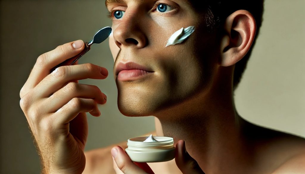 A person applying cream to their face with a small spatula, focusing on spreading the cream on their cheeks and forehead. The background is simple and neutral, highlighting the calm and intimate atmosphere.