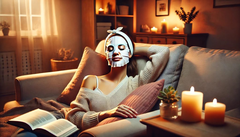 A person is relaxing with a mask sheet on their face, lying down on a comfortable couch in a cozy living room. The room is softly lit with warm lighting, creating a serene atmosphere. The person is wearing a headband to keep their hair back and has their eyes closed, enjoying the moment. Nearby, there are a few candles and a book on a table, adding to the relaxing ambiance. The decor is simple and elegant, with soft cushions and a throw blanket on the couch.