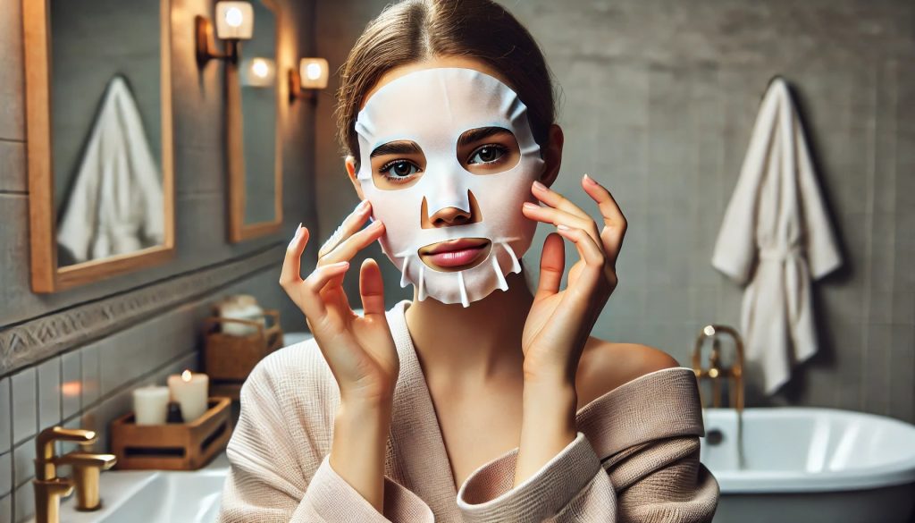 A person in a clean, well-lit bathroom is applying a mask sheet to their face. They are holding the edges of the mask sheet with both hands, carefully aligning it to their face, and have a calm, focused expression. The bathroom features light-colored tiles, minimalistic decor, and various skincare products neatly arranged on the countertop. The person is dressed in a robe.