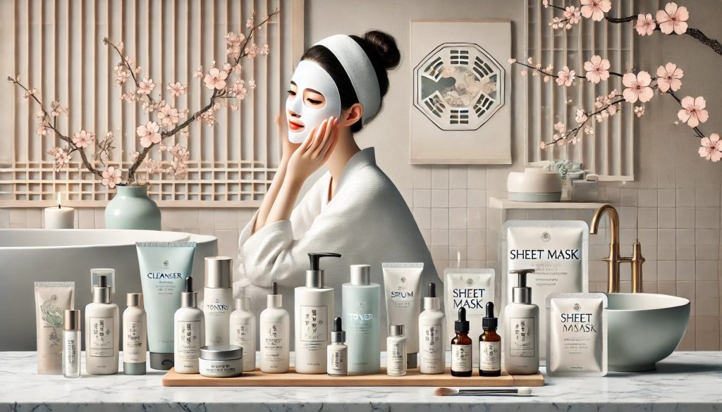 A featured image showcasing a Korean-inspired skincare routine in a clean, modern bathroom. An array of elegantly packaged skincare products, including cleansers, toners, serums, sheet masks, and moisturizers, are neatly arranged on a countertop. A person is seen applying a sheet mask with a serene and content expression. The background features subtle cherry blossom motifs and hints of traditional Korean decor, creating a harmonious and relaxing atmosphere.