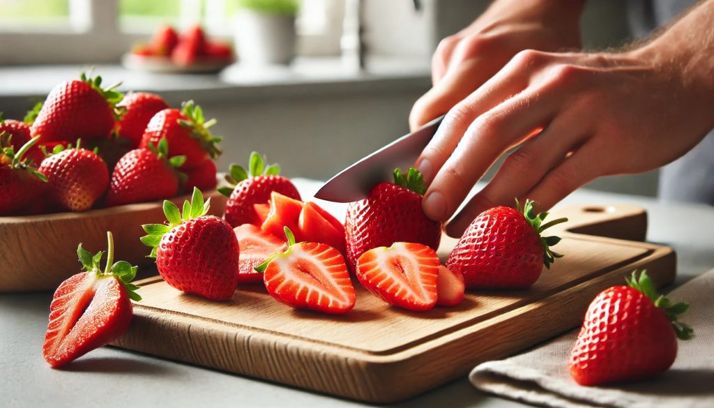 A close-up scene of slicing fresh strawberries on a wooden cutting board. Bright red, juicy strawberries are neatly arranged, with a sharp knife cutting through one. The background features a clean kitchen counter with natural light streaming in, creating a fresh and inviting atmosphere.