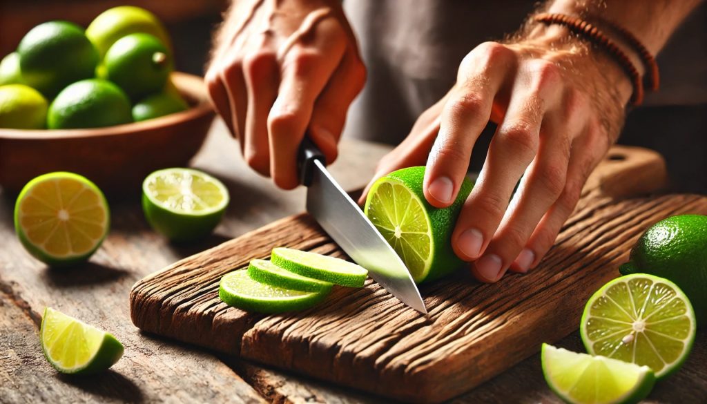 A close-up of a person cutting a bright green lime into wedges on a rustic wooden cutting board. The lime looks fresh and juicy, with several lime wedges already cut and scattered around. The background is blurred, keeping the focus on the lime and the knife.