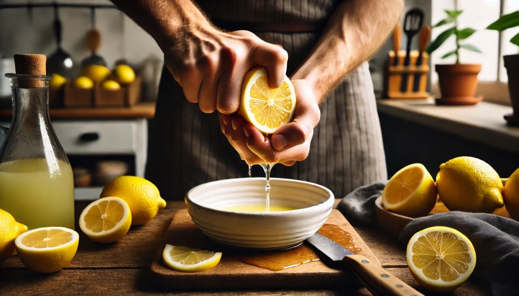 A person squeezing fresh lemon juice into a white ceramic bowl on a wooden kitchen counter. The hands are holding a lemon half, with juice dripping into the bowl. Additional lemons, a knife, and kitchen utensils are visible in the background, along with a rustic kitchen setting and natural light coming through a window.