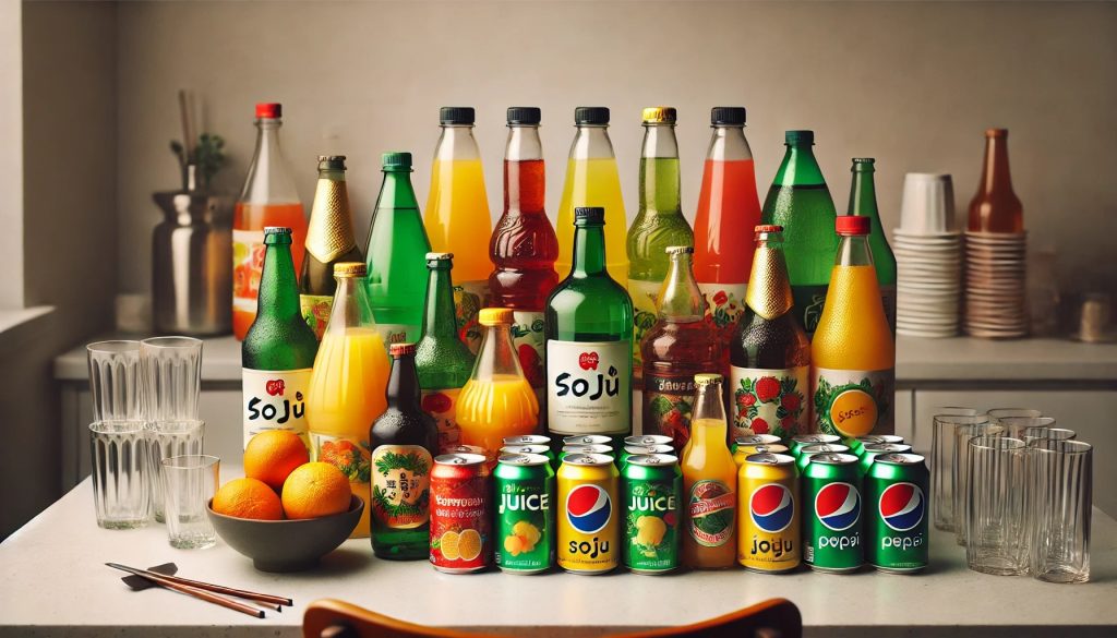 A countertop neatly arranged with various bottles of soju, colorful juice bottles, and different sized cans and bottles of carbonated drinks. The soju bottles are green with vibrant labels, the juice bottles are in shades of orange, red, and yellow, and the carbonated drinks display various brands. Glasses are placed nearby, indicating preparation for mixing drinks.