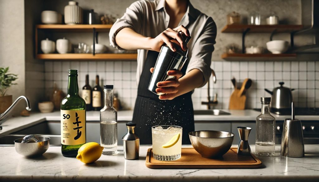 A modern kitchen with a person shaking a cocktail shaker vigorously. On the marble countertop are a bottle of soju, a lemon, and a bowl of honey syrup, arranged neatly. The kitchen features sleek stainless steel appliances and is well-lit.