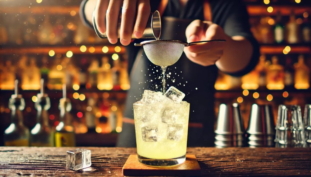 A close-up of a bartender's hand straining soju lemonade into a glass filled with ice on a rustic wooden bar counter. The ice cubes sparkle as the yellow lemonade pours over them. The background features blurred bar elements, including bottles and shelves, creating a cozy, lively bar atmosphere.