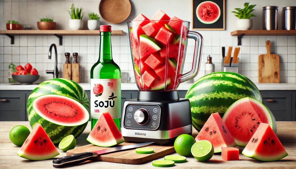 A lively kitchen scene featuring a blender filled with bright red watermelon chunks, soju, and lime juice. A partially visible soju bottle and lime slices surround the blender. In the background, there is a cutting board with a knife and additional watermelon pieces, ready to be added. The image captures the refreshing essence of preparing a watermelon-soju-lime cocktail.