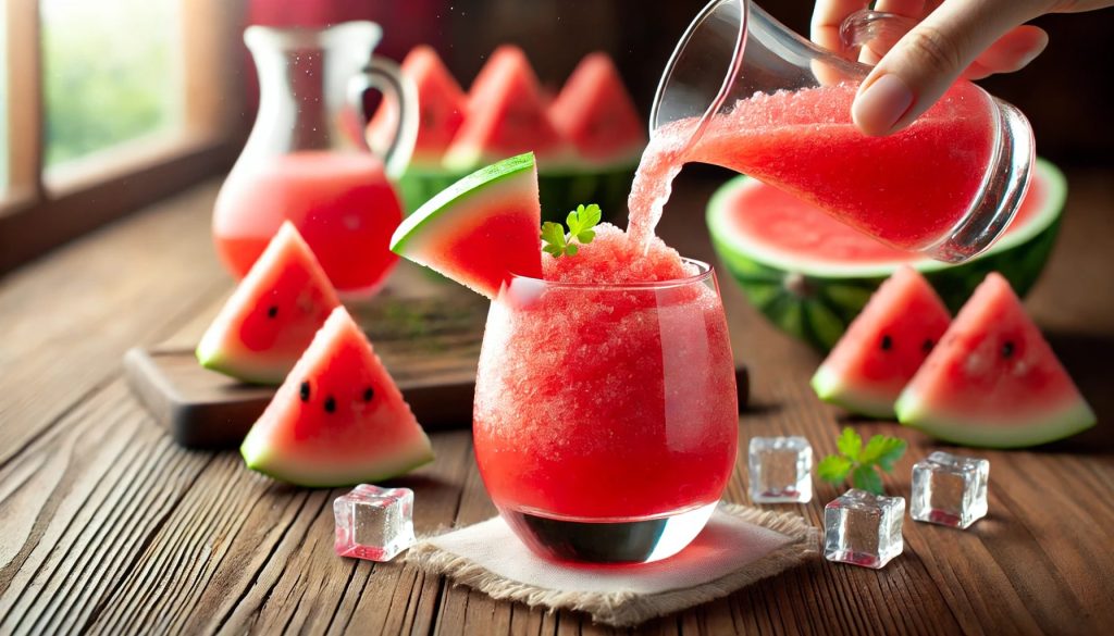 A vibrant scene of a watermelon soju slushie being poured into a clear glass. The slushie is bright red-pink and frosty with small ice crystals. A fresh watermelon slice garnishes the rim of the glass, which is set on a wooden table. In the background, there are additional watermelon slices and a pitcher of watermelon soju slushie. The setting is bright and summery with natural light highlighting the freshness of the drink.