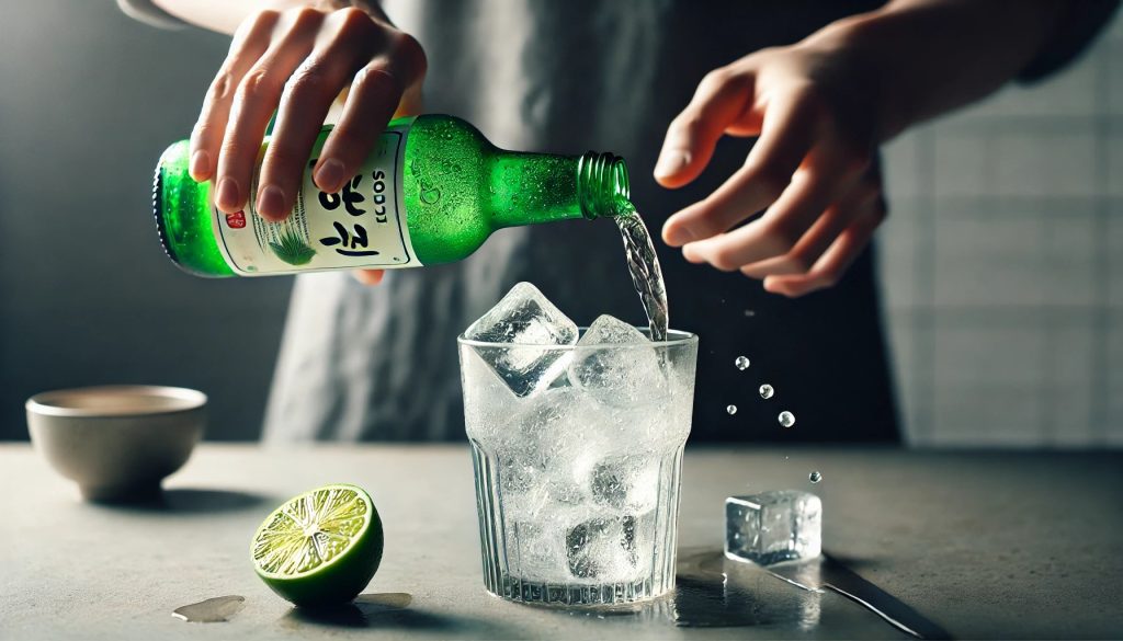 A highball glass filled with ice cubes is being poured with soju from a green bottle, while lime juice is squeezed from a cut lime into the glass. The background shows a simple kitchen countertop, with the focus on the pouring action.