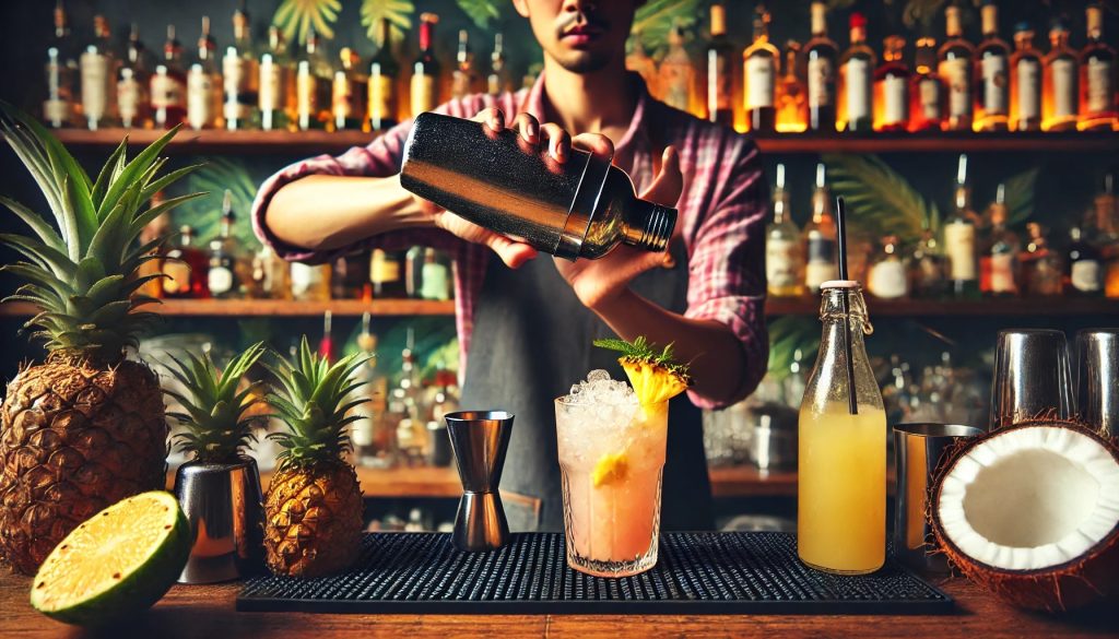 A bartender shaking a cocktail shaker with a mix of soju, pineapple juice, and coconut water. The bartender is behind a bar counter, surrounded by various bottles and glasses. The scene has a vibrant, tropical theme with pineapples, coconuts, and palm leaves as decorations. The bartender has a focused expression as they shake the cocktail shaker.