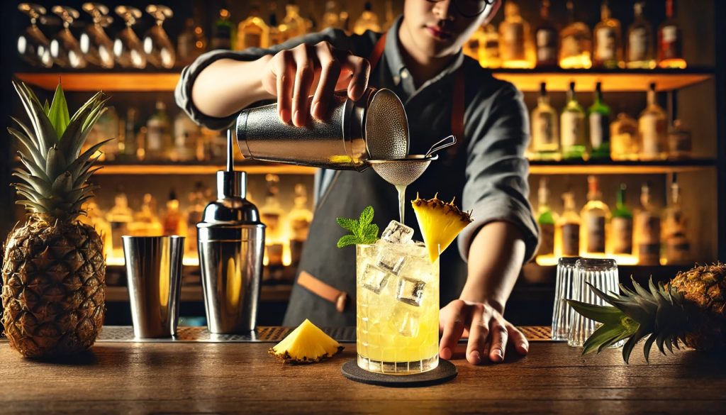 A bartender strains a vibrant yellow pineapple soju cocktail into a short tumbler filled with clear ice cubes. The scene is set in a modern bar with dim lighting and a wooden counter. The bartender's hand holds a stainless steel strainer over the glass. Various bottles and small garnishes like pineapple slices and mint leaves are visible on the counter.