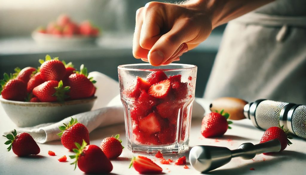 A close-up of a hand muddling fresh strawberries in a clear glass. The glass is filled with ripe red strawberries, some crushed at the bottom. The scene is set on a clean, white kitchen counter with whole strawberries and a muddler nearby. The background is softly blurred, focusing on the vibrant red strawberries and the action of muddling. Natural lighting highlights the freshness and juiciness of the strawberries.