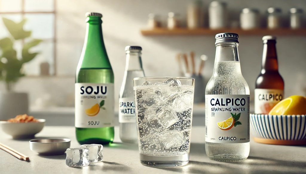 A refreshing beverage scene featuring a glass filled with a mix of soju, sparkling water, and Calpico. The glass is half full with a clear, bubbly liquid, showing the effervescence of the sparkling water. Beside the glass are bottles of soju, sparkling water, and Calpico, each labeled and slightly open, indicating recent use. The setting is a clean, modern kitchen counter with a few ice cubes scattered around and a light, airy background, creating a fresh and inviting atmosphere.