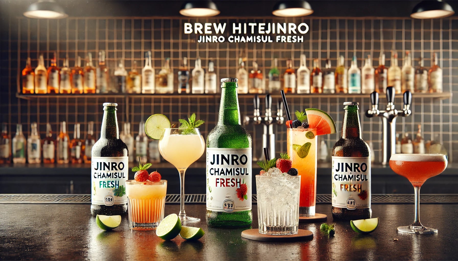 A stylish featured image showcasing Brew HiteJinro Soju Cocktails with Jinro Chamisul Fresh. A bottle of Jinro Chamisul Fresh Soju is prominently displayed, surrounded by beautifully crafted soju cocktails in various glasses. The background features a sleek bar setup with subtle lighting, highlighting the vibrant colors of the cocktails. Garnishes like lime wedges, mint leaves, and fruit slices add to the appeal. The overall aesthetic is modern and inviting, capturing the essence of a refreshing and trendy cocktail experience.