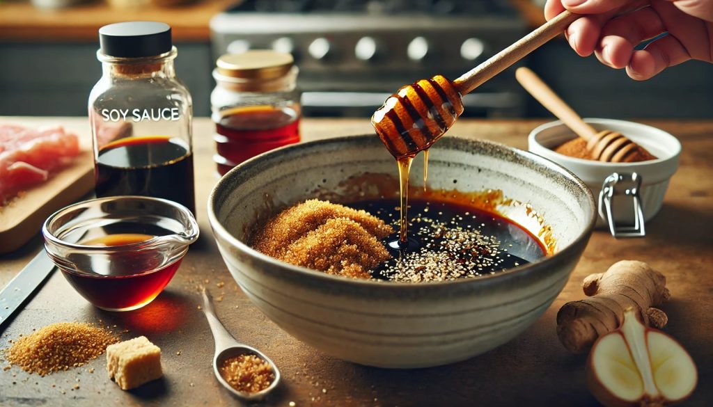 A close-up view of a mixing bowl on a kitchen counter with ingredients being combined. The bowl contains soy sauce, brown sugar, honey, and other ingredients, all blending together with a spoon. The mixture is dark and glossy, with the brown sugar granules partially dissolved and the honey adding a sticky texture. Minced garlic and ginger are also visible in the mix. The scene is set in a modern kitchen with wooden countertops and stainless steel utensils around.