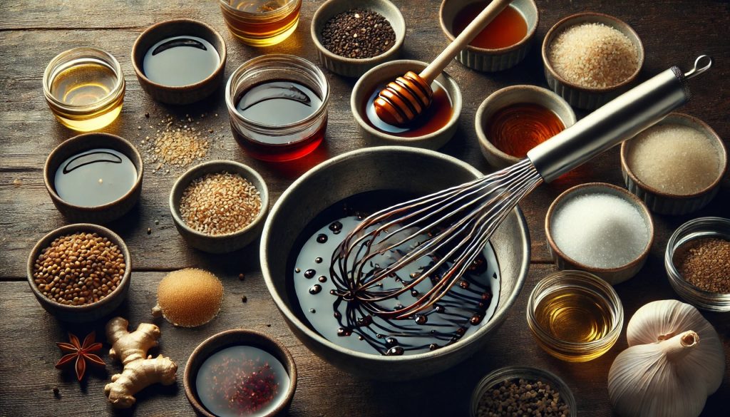 A close-up image shows a mixing bowl on a wooden kitchen countertop, containing a dark, glossy marinade mixture being whisked. Surrounding the bowl are small containers with the marinade ingredients: soy sauce, brown sugar, honey, rice wine, sesame oil, minced garlic, grated ginger, and black pepper. The whisk is in mid-motion, blending the ingredients together smoothly. The kitchen is well-lit, highlighting the vibrant colors and textures of the ingredients.