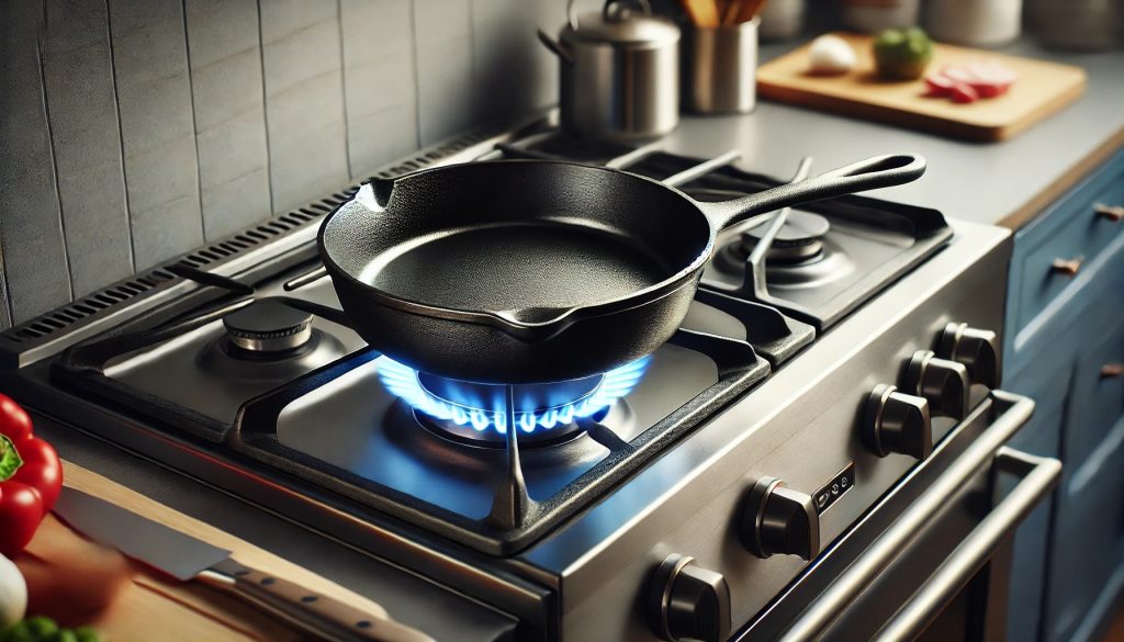 A close-up of a cast iron skillet being heated on a modern stove with blue flames visible underneath. The stove features sleek black and stainless steel elements. In the background, a tidy kitchen counter is seen with utensils and a cutting board with vegetables, creating a cooking environment.