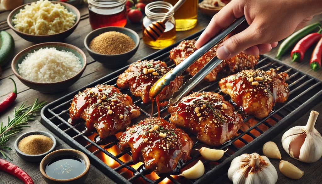 Marinated chicken thighs being placed on a hot grill with visible flames and smoke. The chicken is coated in a thick, glossy marinade made of soy sauce, brown sugar, honey, rice wine, sesame oil, minced garlic, grated ginger, and black pepper. Hands holding tongs are seen placing the chicken on the grill, with a lively outdoor barbecue setting in the background.