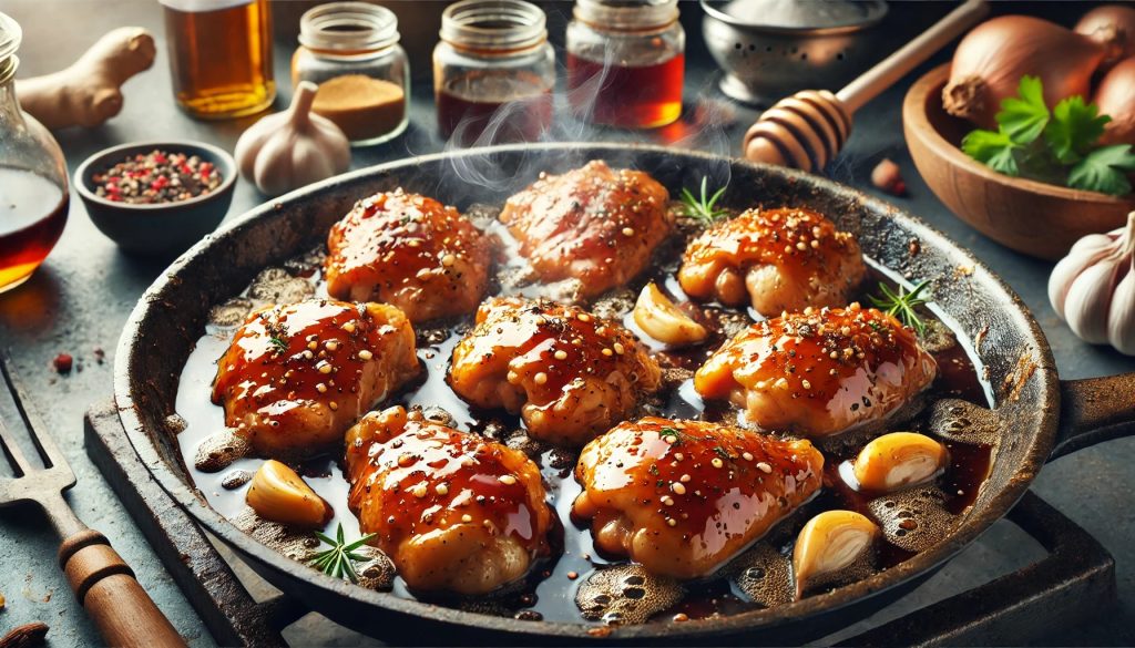 A skillet with marinated chicken thighs cooking, seasoned with soy sauce, brown sugar, honey, rice wine, sesame oil, minced garlic, grated ginger, and black pepper. The chicken is golden brown with a sticky glaze, and steam rises from the bubbling sauce. The kitchen background includes cooking utensils and jars of spices, along with fresh ginger and garlic.