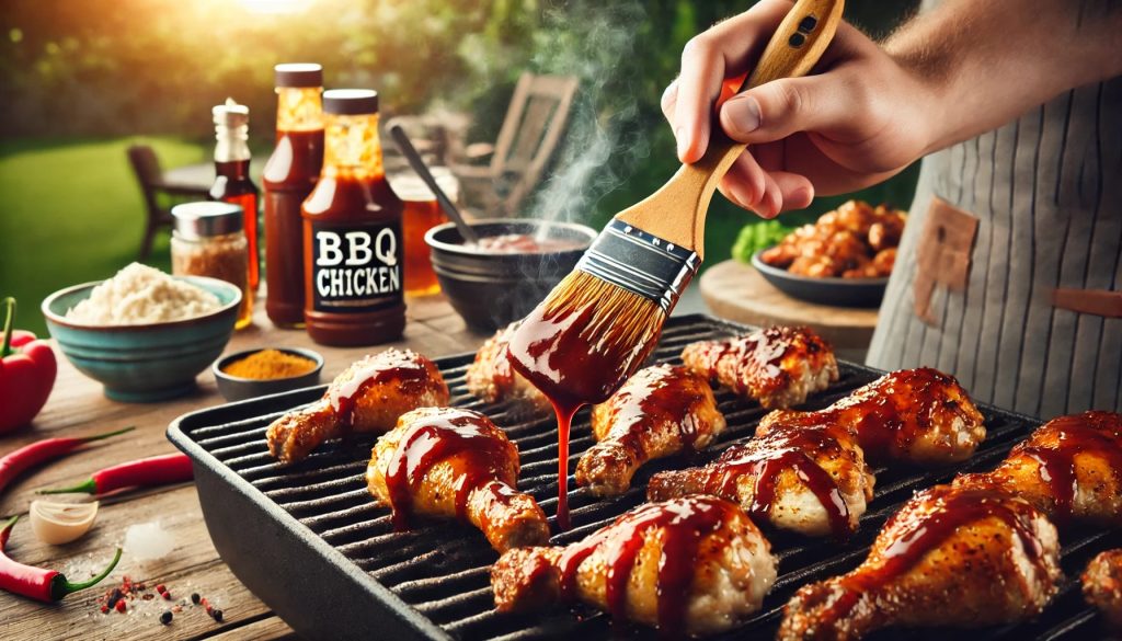 A person brushing thick, rich BBQ chicken's secret sauce onto cooked chicken pieces on a grill. The chicken has a golden-brown crust and glistens under the sunlight. In the background, there are bottles of BBQ sauce, spices, and a bowl of marinade. Smoke and slight charring are visible on the grill. The scene is set outdoors with greenery and a blue sky in the background.