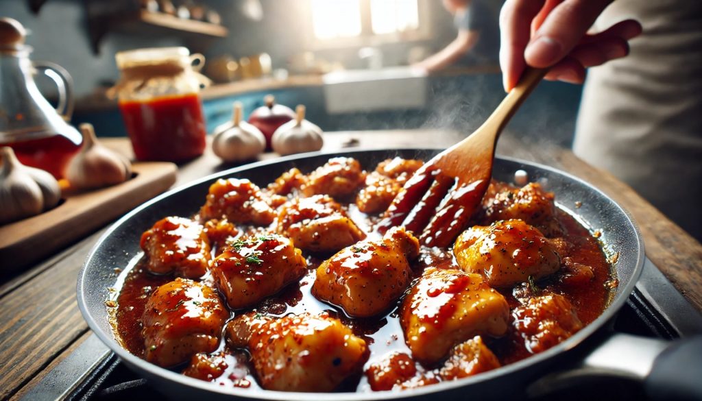 A close-up view of chicken pieces being cooked in a pan with a rich, glossy sauce. The chicken is golden brown and sizzling, covered in a thick, aromatic sauce with visible herbs and spices. The background shows a blurred kitchen setting, emphasizing the focus on the cooking process.