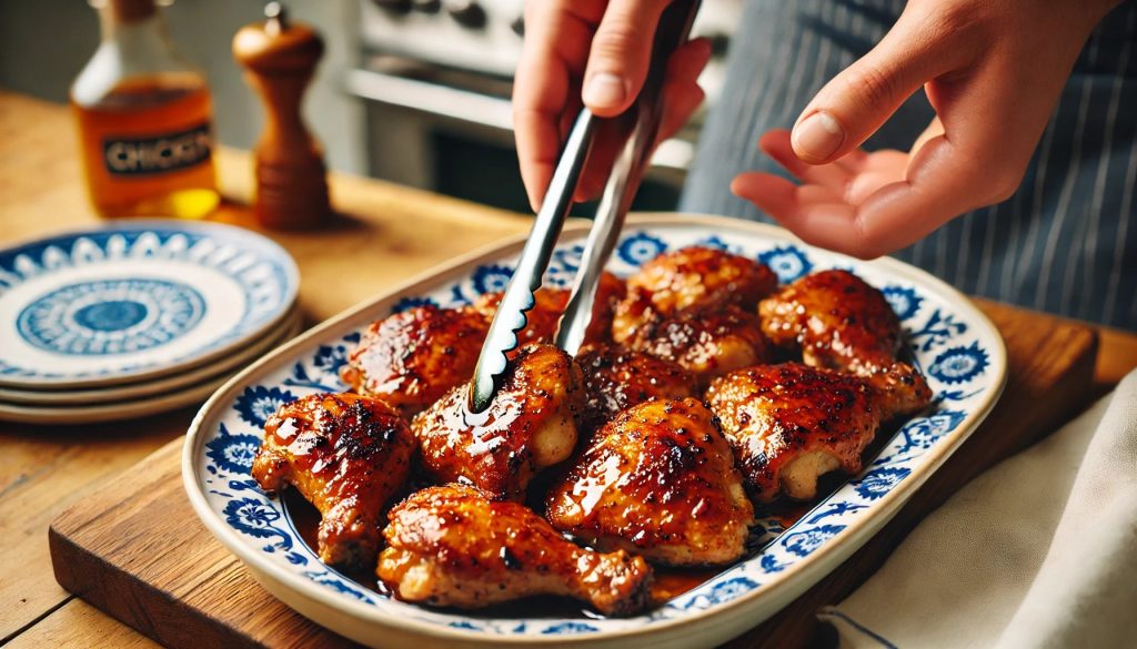 Closeup of a person placing cooked, marinated chicken thighs onto a serving platter. The chicken thighs are golden brown with a slightly charred texture and glistening with a glaze. The serving platter is white with intricate blue patterns around the edges. The background shows a kitchen setting with a wooden countertop and some cooking utensils visible. The person's hand is holding tongs and gently placing a piece of chicken on the platter.