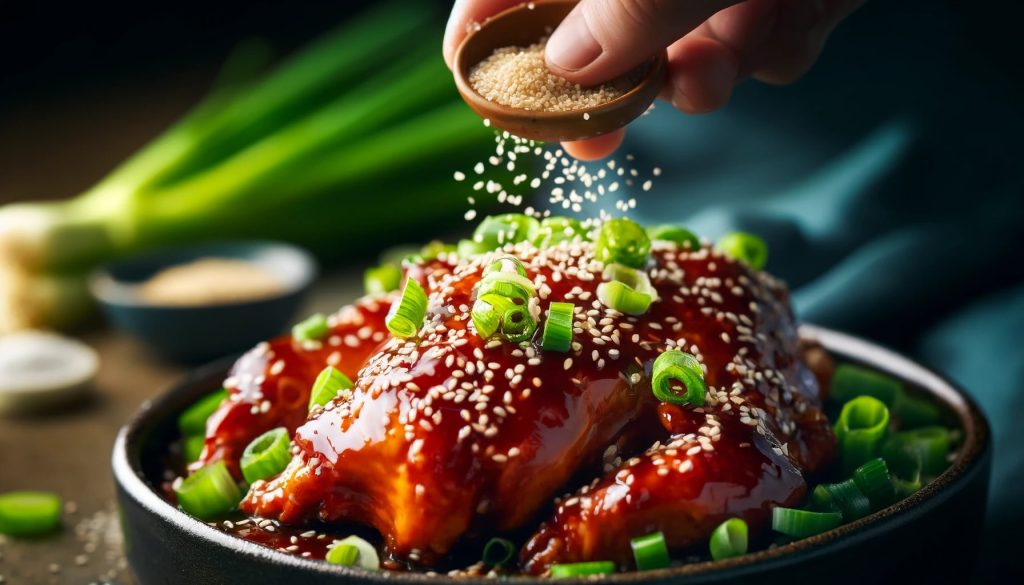 A closeup of Korean BBQ chicken being garnished with sesame seeds and green onions. The chicken is richly glazed with a shiny, caramelized sauce. Sesame seeds are being sprinkled from a small bowl, while freshly chopped green onions add a pop of green color on top. The background is slightly blurred, highlighting the deliciously garnished chicken. The scene is vibrant and mouth-watering, emphasizing the final touches on the beautifully prepared dish.