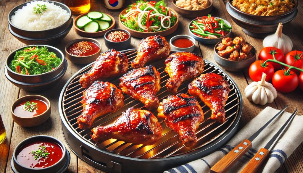 A vibrant and appetizing scene of DIY Korean BBQ Thigh Chicken, with perfectly grilled chicken thighs on a barbecue grill. The chicken is glazed with a glossy, flavorful BBQ sauce, highlighting its rich color and texture. Surrounding the grill are bowls of fresh ingredients and side dishes, such as sliced vegetables, dipping sauces, and rice. The setting is outdoors with a traditional Korean vibe, including a wooden table and decorative elements, creating an inviting atmosphere that showcases the delicious BBQ chicken and its secret sauce.