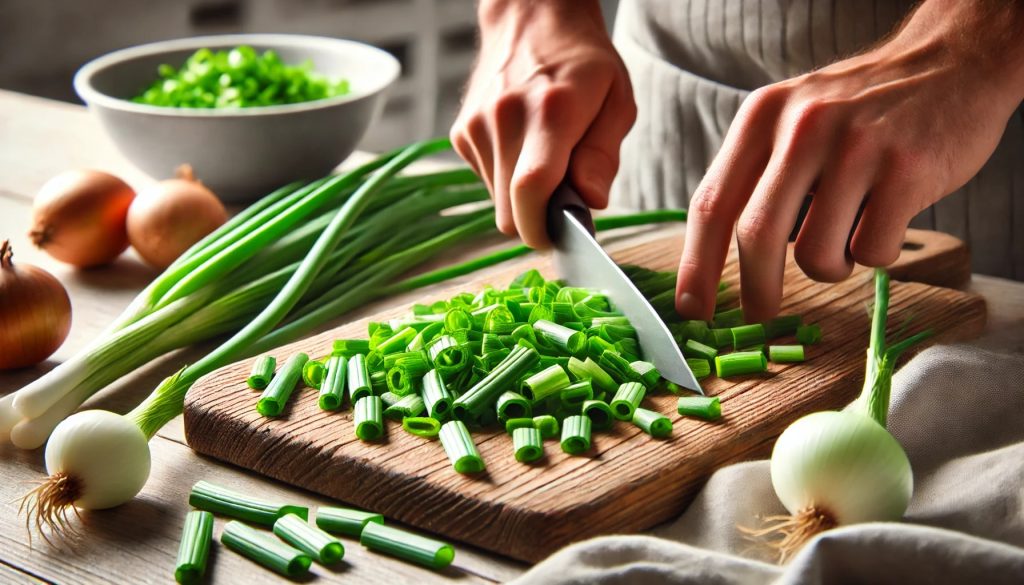 A close-up view of slicing green onions on a wooden cutting board. A sharp chef's knife is cutting through fresh, vibrant green onions, with some pieces scattered around. The background features a kitchen counter with a bowl to the side.