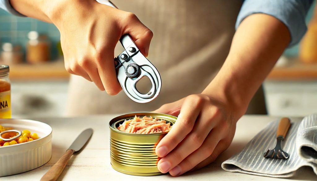 A person is opening a can of yellow canned tuna in a simple kitchen setting. One hand holds the can, while the other hand uses a can opener. The tuna inside the can is visible, showcasing a light pinkish-yellow color. The scene is bright and well-lit, highlighting the freshness of the tuna. The background includes a countertop and some kitchen utensils.