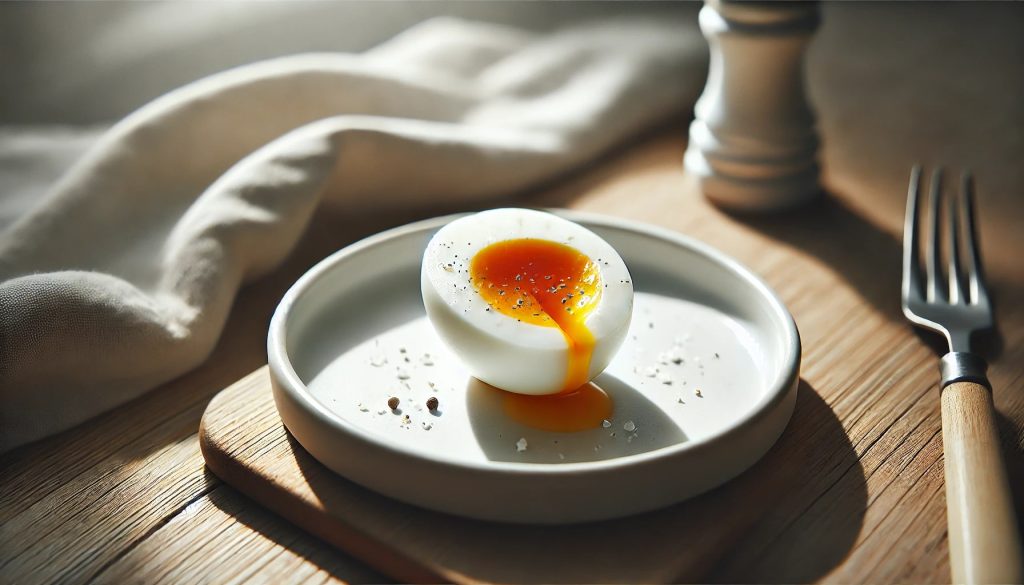 A close-up view of a soft-boiled egg cut in half on a white plate. The yolk is slightly runny and the egg white is firm. The plate is placed on a wooden table with a minimalistic background. Salt and pepper are sprinkled on the egg halves, creating an appetizing and clean presentation.