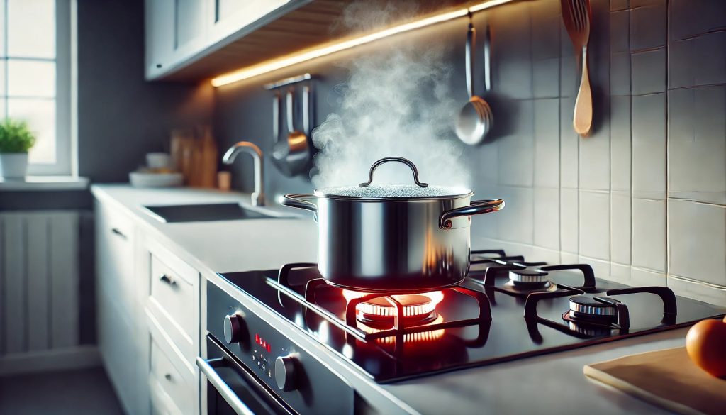 A modern kitchen with a stainless steel pot of water boiling on a stove. Steam rises from the bubbling water. The stove has a black glass top with red glowing burners. The kitchen background is clean and minimalist, with white cabinets and a sleek countertop. A few kitchen utensils hang on a rack above the stove.