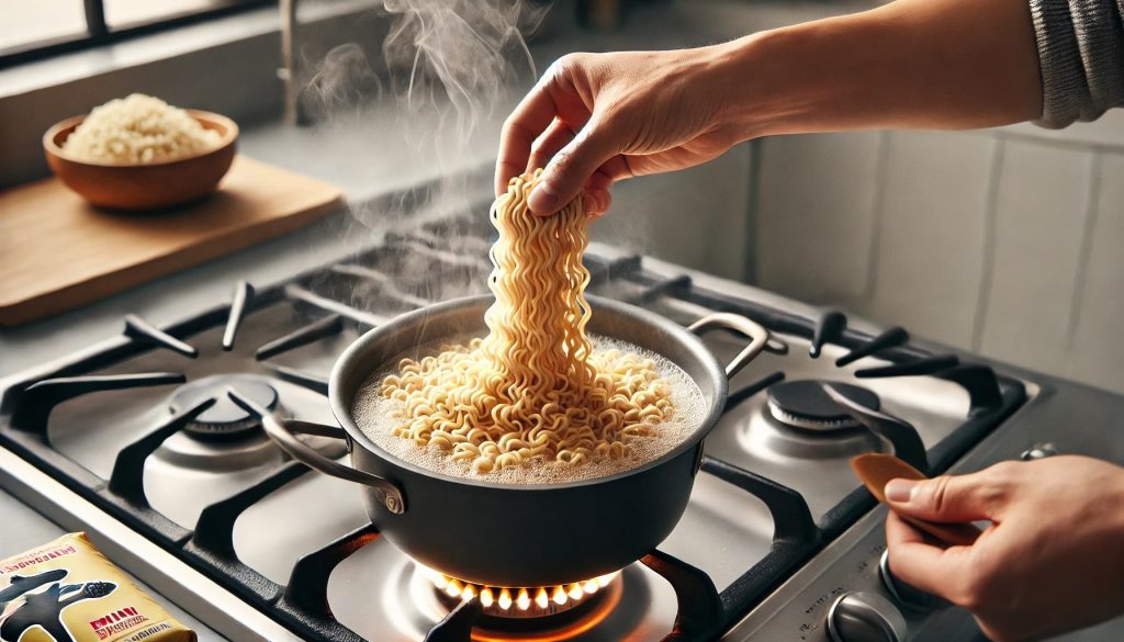 A close-up view of a pot of boiling water on a stove with a hand adding a round, compressed block of Shin Ramyun noodles. Steam rises from the pot, and the stove burner is on. The scene is set in a modern kitchen with clean countertops and kitchen utensils visible in the background.