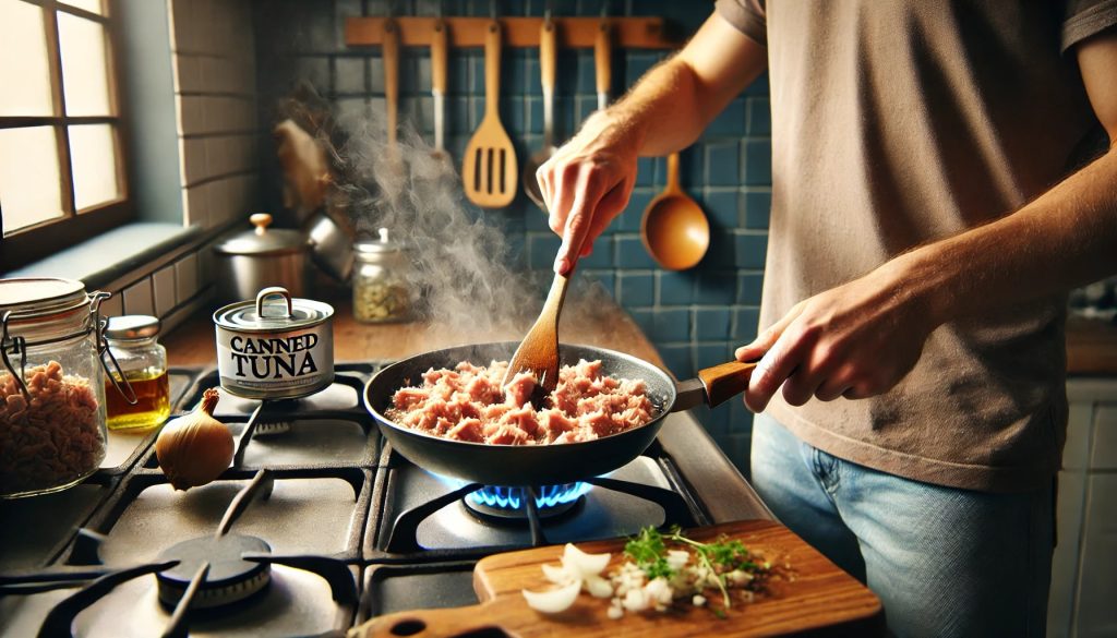 A person is sautéing canned tuna in a frying pan on a stovetop in a modern kitchen. The frying pan contains chunks of canned tuna being stirred with a wooden spatula. Nearby, garlic, onions, and herbs are visible on a cutting board. Steam rises from the pan, indicating the tuna is being cooked. The kitchen background features utensils, a pot rack, and a tiled backsplash.