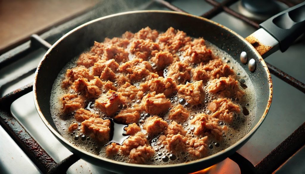 Close-up of canned minced tuna cooking in a frying pan. The tuna is becoming crispy and golden brown with slightly darker, caramelized parts. Sizzling oil surrounds the edges of the tuna. The background is blurred, keeping the focus on the frying pan and the crispy tuna.