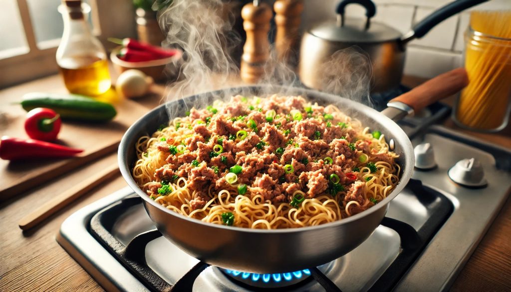 A pot on a stove filled with sautéed minced tuna and Shin Ramyun noodles, garnished with sliced green onions and chili peppers. Steam rises from the pot, indicating the food is hot and freshly cooked. The kitchen setting is cozy, with various cooking utensils and ingredients visible in the background.