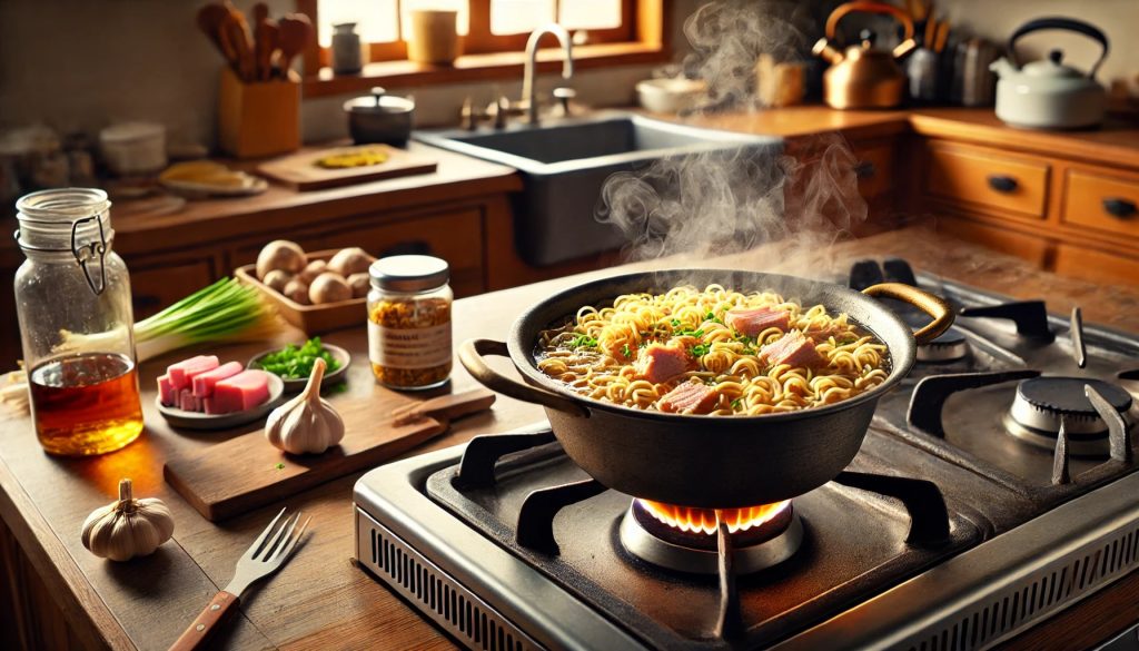 A cozy kitchen scene featuring a pot on a stove with simmering ramen and tuna mixture. The pot contains noodles, chunks of tuna, and a rich broth, with steam rising from it. Nearby, there are utensils and ingredients like garlic and green onions on the counter. Wooden kitchen cabinets and a window letting in natural light are visible in the background.