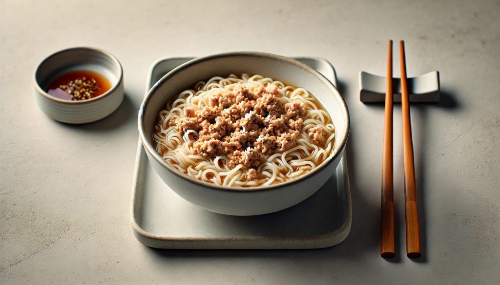 A simple, white bowl containing Shin Ramyun with minced tuna mixed into the noodles and broth. The setting is clean and minimalistic, with a neutral-colored background that keeps the focus on the dish. No garnish is added.