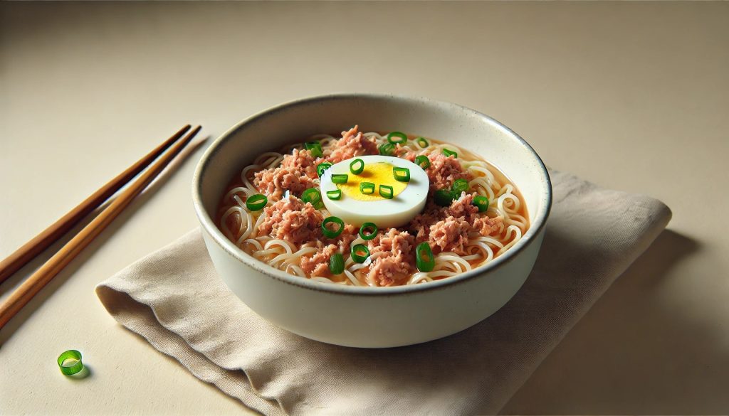 A simple, white bowl containing Shin Ramyun with minced tuna mixed into the noodles and broth. The dish is garnished with chopped green onions and a soft boiled egg, sliced in half. The setting is clean and minimalistic with a neutral-colored background, keeping the focus on the bowl of ramen.