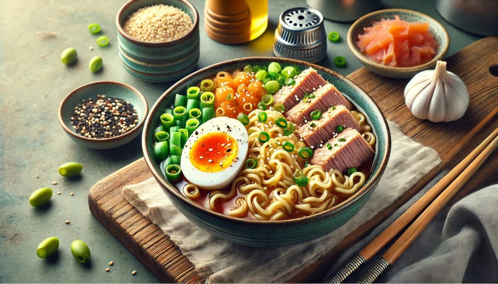 A vibrant and enticing image featuring a steaming bowl of Shin Ramyun with rich broth and noodles, topped with chunks of canned tuna. The dish is garnished with green onions, sesame seeds, and a soft-boiled egg. A pair of chopsticks rests on the bowl. The background shows a clean and modern kitchen, creating a warm and cozy dining atmosphere.